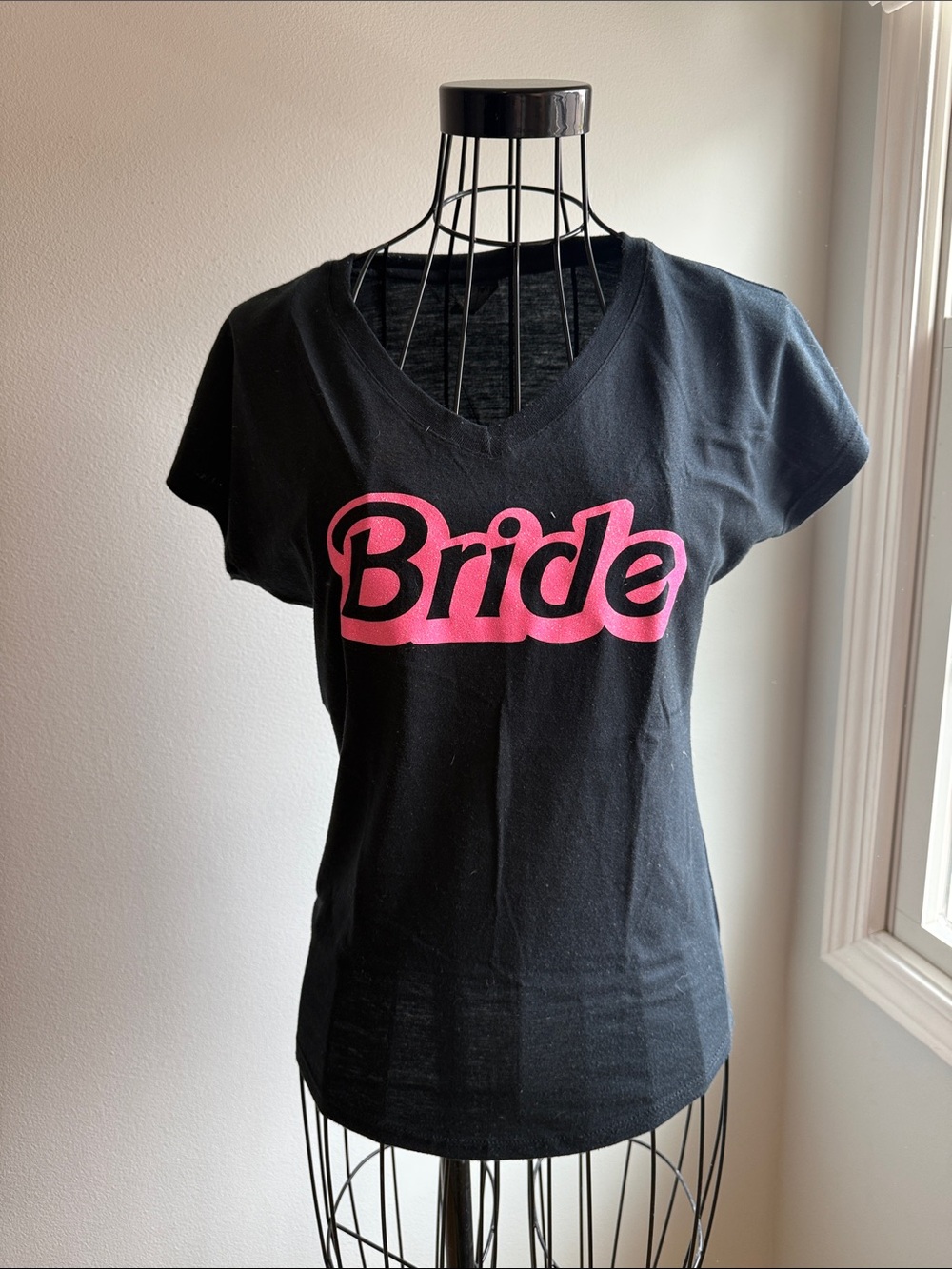Anvil Black V-Neck Tee with Pink "Bride" Script